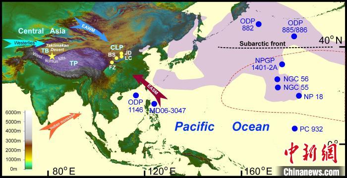 塔里木沙塵傳輸至北太平洋的路徑(陰影區(qū))及西昆侖山黃土巖芯位置(五角星)。　中科院青藏高原所 供圖