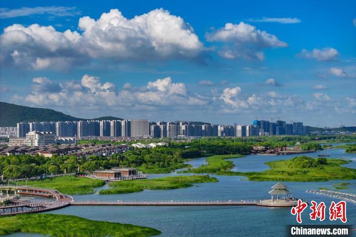 資料圖：航拍蘇州太湖湖濱國家濕地公園，藍天碧水生態(tài)美。 泱波 攝