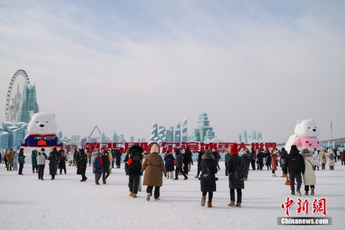 1月4日，第25屆哈爾濱冰雪大世界內(nèi)的冰雕吸引游客觀看。白天的冰雪大世界，游客仿佛置身現(xiàn)實(shí)版“冰雪奇緣”。<a target='_blank' href='/'><p  align=