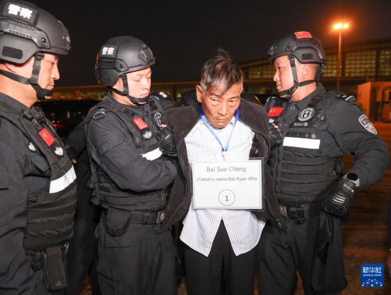 1月30日，在緬甸內(nèi)比都國際機場，緬甸警方依法向我公安機關移交緬北重大犯罪嫌疑人白所成。新華社記者 殷剛 攝