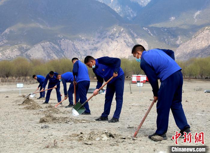 林芝市巴宜區(qū)森林消防中隊志愿服務(wù)隊正在揮鍬鏟土?！∥骼@拉翁 攝