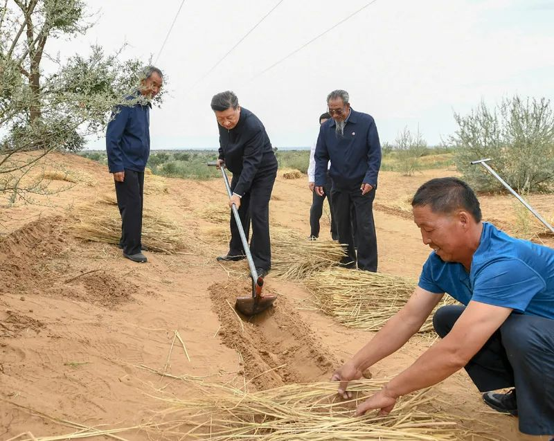 2019年8月21日，習(xí)近平來到甘肅省武威市古浪縣八步沙林場，實(shí)地察看當(dāng)?shù)刂紊吃炝?、生態(tài)保護(hù)等情況。新華社記者 謝環(huán)馳 攝