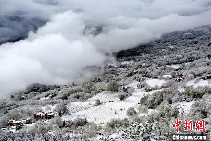 雪后的丹巴半山云霧繚繞?！±钣腊?攝